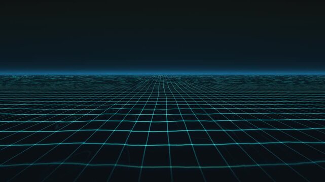 A digital grid forms a vast landscape with glowing lines stretching across a dark background. The lines create a structured design that draws the eye toward the horizon