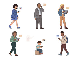 Fototapeta premium Diverse group of people using modern digital devices like smartphones and tablets for communication and gaming in flat style