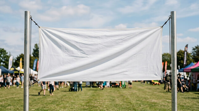 White Fabric Banner Hanging on Poles in Outdoor Grass Field with Crowd Background