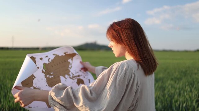 Young woman studying a world map in nature symbolizing global responsibility sustainable development environmental awareness and hope for a better future