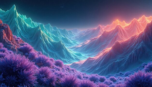 Neon mountain landscape shows glowing digital peaks with purple plants. Ethereal science fiction scenery features bright light frequency waves over colorful terrain. Futuristic abstract art form