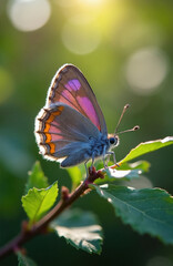 Fototapeta premium Purple Hairstreak butterfly sits on green leaf under sunlight. Macro shot shows insect with colorful wings, antennae. Wild animal rests on branch in summer garden. Nature wildlife photography focuses