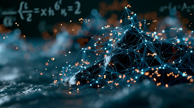 A glowing complex futuristic network with math expressions and equations in a 3D render artificial intelligence concept math expressions equations network ai assistant
