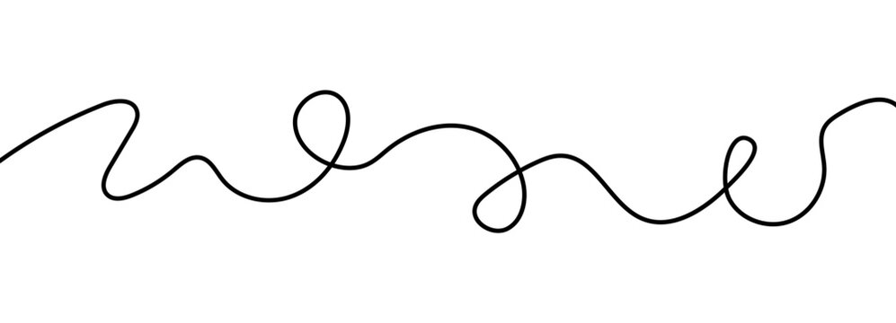 Squiggle drawing cable with long curve and abstract wavy line, curvy thin loop drawn on background for organic rope or wiggly border decor. Simple loopy hand decoration and swirl vector in.