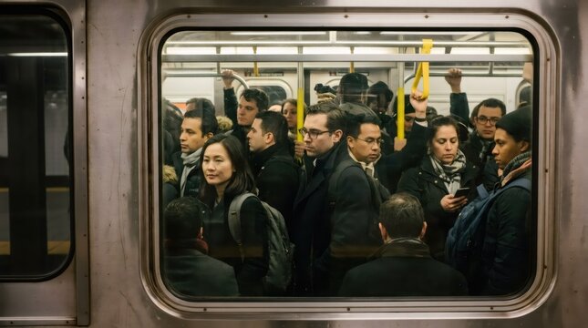Diverse group of woman and man commuters standing in crowded public subway train. People riding city transit during morning rush hour. Urban travel and daily public transportation concept.