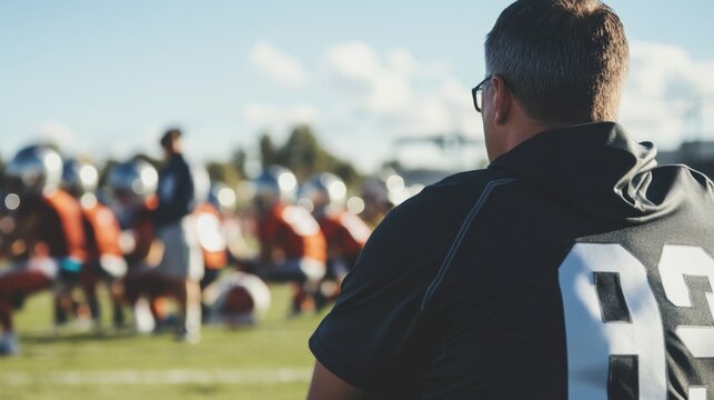 A middle-aged Caucasian man with glasses watches a football practice session. Players in orange jerseys are gathered on the field under a clear blue sky.