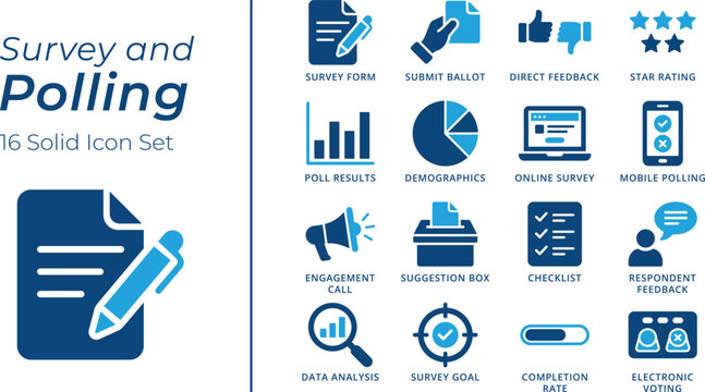 Survey and Polling 16 Solid Icon Set. Includes Symbols Customer Feedback, Demographics, Checklist, and Voting Blue Icons