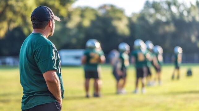 A middle-aged Caucasian man in a green shirt watches a group of young athletes practicing football on a sunny field. The players wear helmets and jerseys.