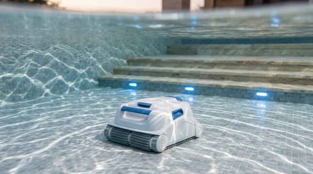 Robotic pool cleaner underwater at night with illuminated steps and a party on the deck above