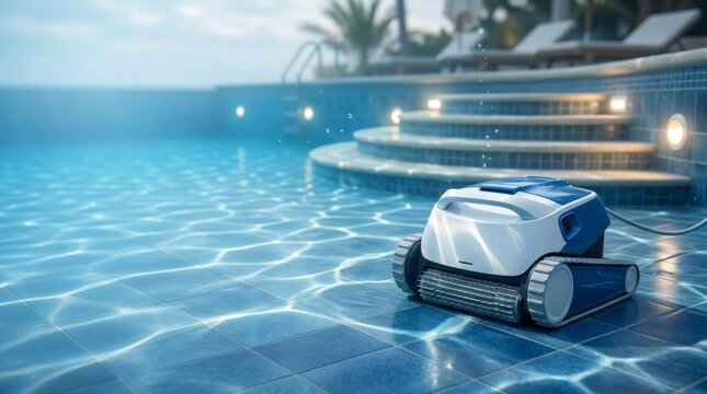 Robotic pool cleaner underwater at night with illuminated steps and a party on the deck above