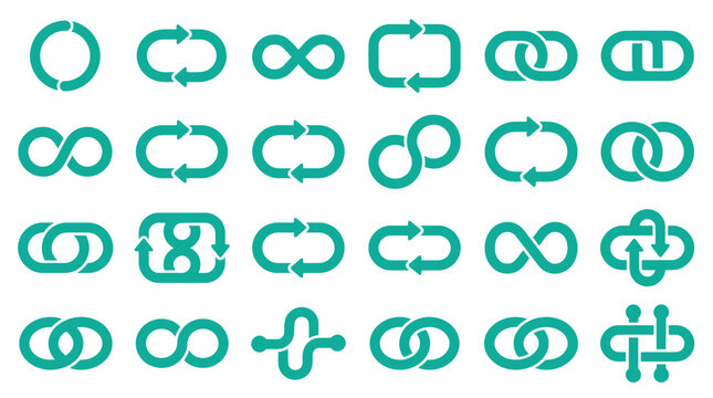 Teal infinity loop and connection icon set featuring interlocking circles, directional arrows, repeat symbols, and process flow graphics isolated on a flat white background.