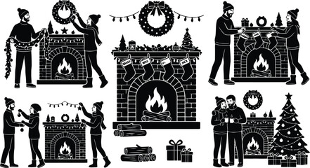 Fototapeta premium People decorating christmas fireplace and tree