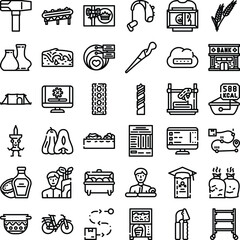 Fototapeta premium Line art icons presenting a wide range of objects and concepts, including banking, technology, food, health, travel, commerce, work, and everyday items, suitable for web and digital design