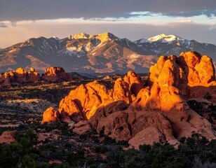 Naklejka premium Dramatic sunset illuminates sandstone formations with snow-capped mountains in the background.