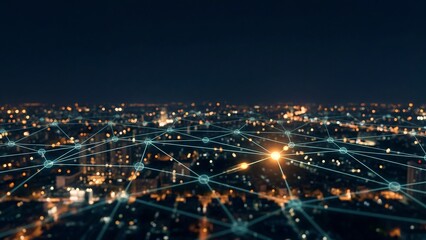 Obraz premium Aerial night cityscape with glowing digital network nodes and connection lines overlay showing global technology communication data network and smart city concept