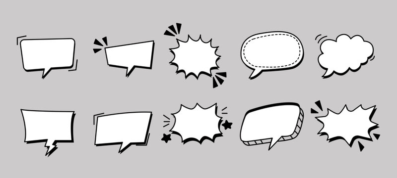 Collection of hand drawn outline chat bubbles with comic speech balloons and message boxes, vector illustration