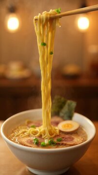 Ramen noodles lifted chopsticks in cozy restaurant setting