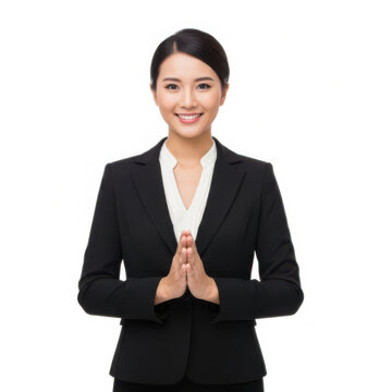 Smiling Asian businesswoman in a black suit greeting with hands together in a polite pose white background