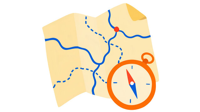 Folded paper map with routes and an orange navigation compass