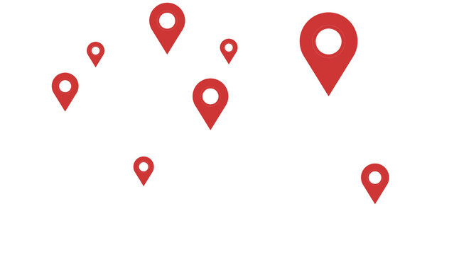 Multiple red location map pins floating on a black background