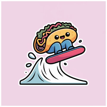 Taco character surfing on wave board.