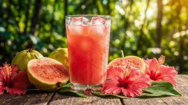 Refreshing Pink Guava Juice with Fresh Guavas and Tropical Hibiscus Flowers on Rustic Wooden Table, Vibrant Summer Beverage Concept