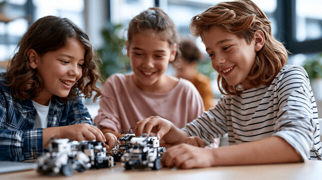Attractive teenage students engaging in hands on STEM education building robots and learning artificial intelligence through coding in a bright classroom STEM education