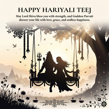 Silhouette of lord shiva and goddess parvati sitting on a decorated swing under a large tree, celebrating hariyali teej with traditional lamps and floral patterns in a serene landscape