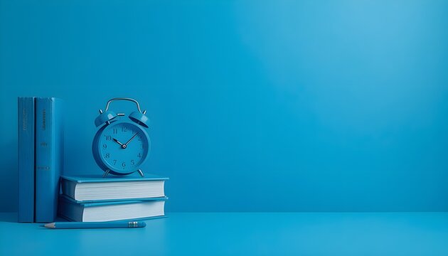 Minimal Monochrome Blue Back to School Concept with Alarm Clock and Stack of Books