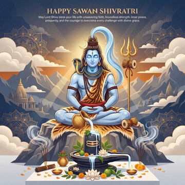 Lord shiva meditating on mount kailash with lingam offering, featuring trident, crescent moon, and sacred ganges river flowing from hair in a serene himalayan landscape