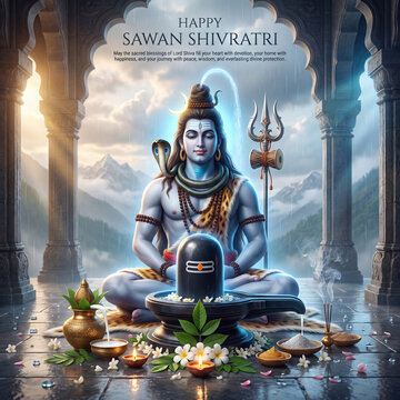 Lord shiva meditating in lotus position with lingam, trident, and cobra, set within an ancient stone temple archway overlooking misty mountains for sawan shivratri celebration