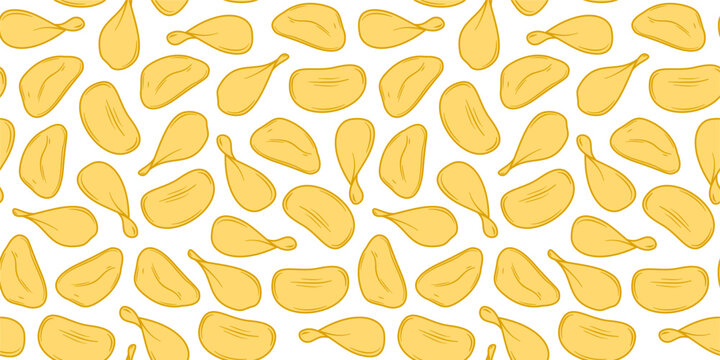potato chips seamless pattern background. doodle potato chips pattern background. unhealthy snacks chips pattern.