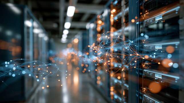 Glowing server racks with plexus lines and connection dots in a vivid warehouse data center server racks plexus connection dots data center technology network computing