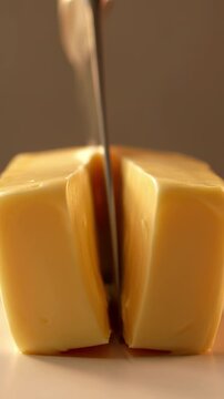 Cutting butter block with knife closeup