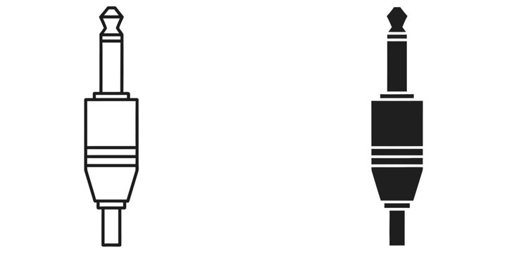 Audio jack plug outline and solid icon set on white background for technology and sound connection concept