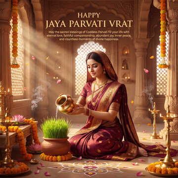 Indian woman in traditional maroon saree offering water to a pot of wheat grass for jaya parvati vrat festival, decorated temple interior with marigold garlands and brass lamps