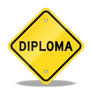 Yellow road sign with diploma text on isolated white background for education and achievement concepts