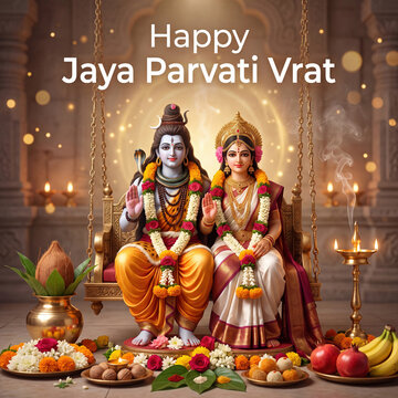 Hindu deities lord shiva and goddess parvati sitting on an ornate swing, decorated with floral garlands, traditional oil lamps, fruits, and offerings for jaya parvati vrat festival celebration