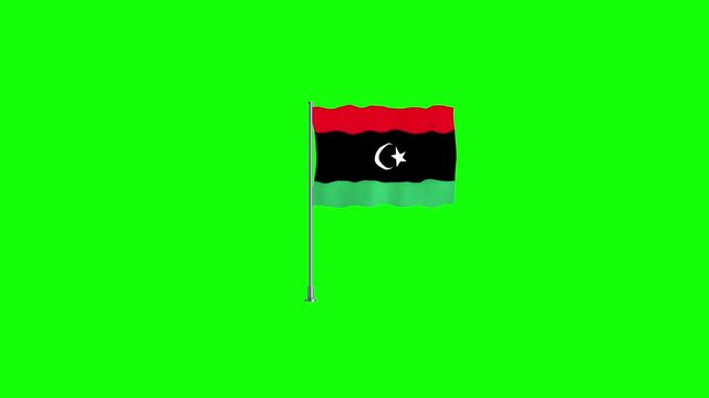 Waving national flag of Libya on flagpole against vibrant green screen background with smooth motion and clear visibility of patriotic symbols, cinematic visual.