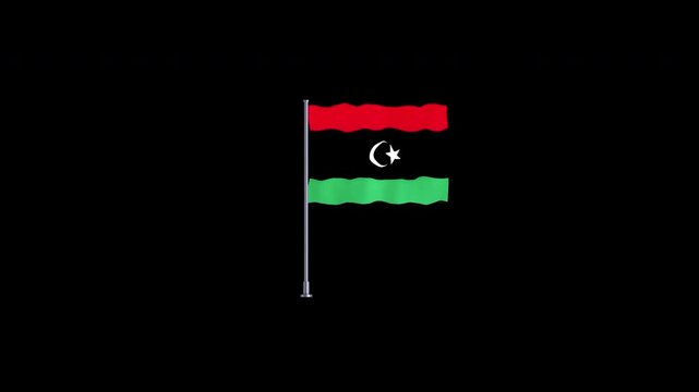 Libya national flag waving on flagpole in wind isolated against black background for official country government event broadcast and motion graphic design.
