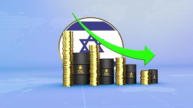 Israel Oil Prices Decline with Oil Barrels, Gold Coins and Downward Green Arrow, 3D Economic and Financial Market Concept