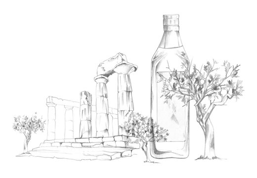 Ancient Greek or Roman temple ruins, weathered columns, olive trees and glass oil bottle. Hand drawn illustration in graphite pencil. Mediterranean travel, cultural exhibitions, destination marketing.