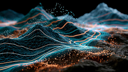 Fototapeta premium A futuristic digital geology terrain with luminous contour lines and data telemetry in a 3D wireframe cartography concept digital terrain telemetry topography contour lines