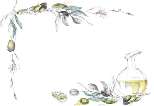 Elegant olive oil frame with botanical elements, leaves, branches and glass decanter. Hand drawn illustration in pencil, watercolor. Food labels, culinary stationery, gourmet promotions, menu layouts.