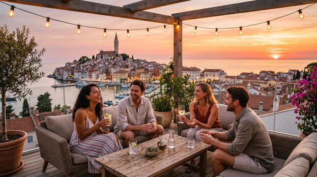Two Couples Dining at Riverside Caf&eacute; Terrace Overlooking European City