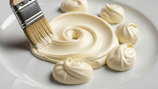 Paintbrush spreading white swirl on ceramic plate.