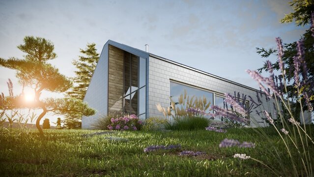 Modern angular house with large windows in a green natural landscape