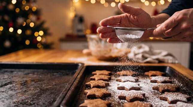 Hands sifting powdered sugar over star cookies on a baking tray in a home kitchen.