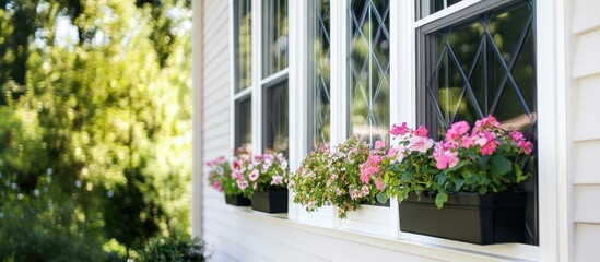 Fototapeta premium Window boxes filled with pink flowers are placed on a white house. The background features green foliage and sunlight, creating a bright and cheerful atmosphere.