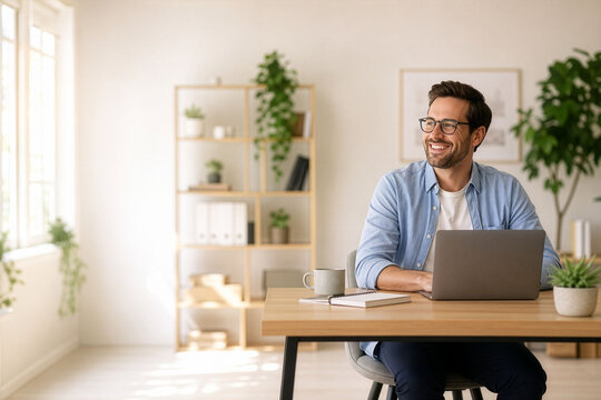 A small business owner relaxing in front of a laptop in a sunlit office (includes space for DX/copy)